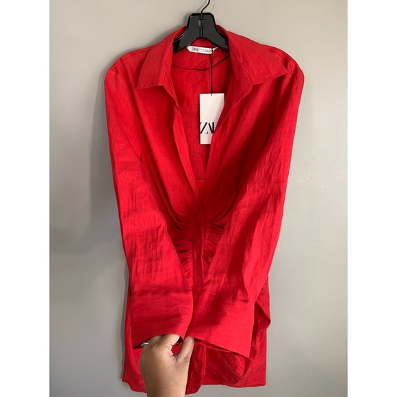 NWT Blogger Fav Zara Red Linen Draped Dress - Picture 7 of 11